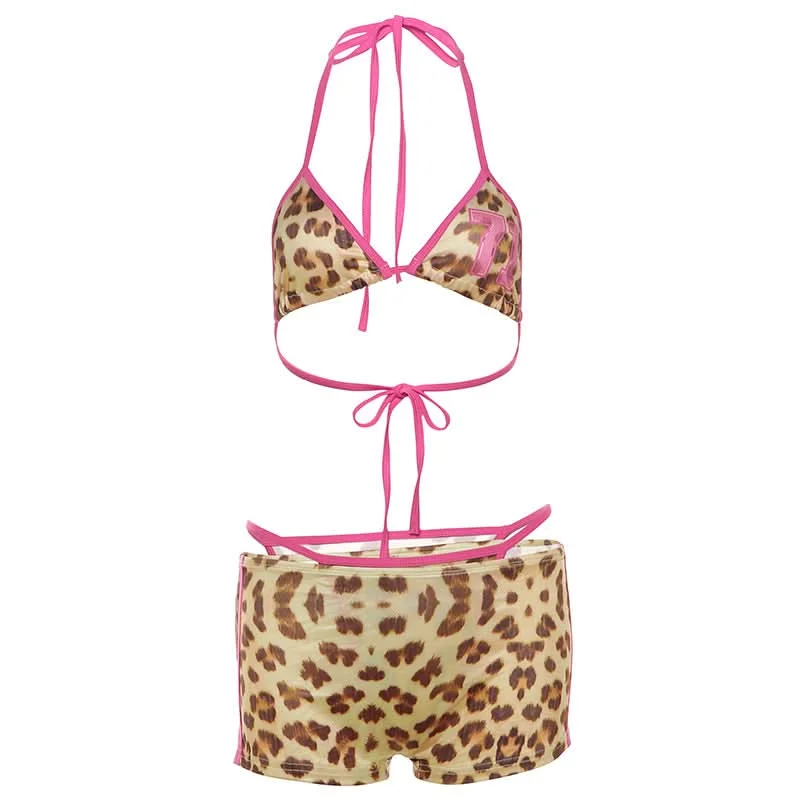 Halter leopard print 3 piece mini short pant set Comfortable Jogger Trousers