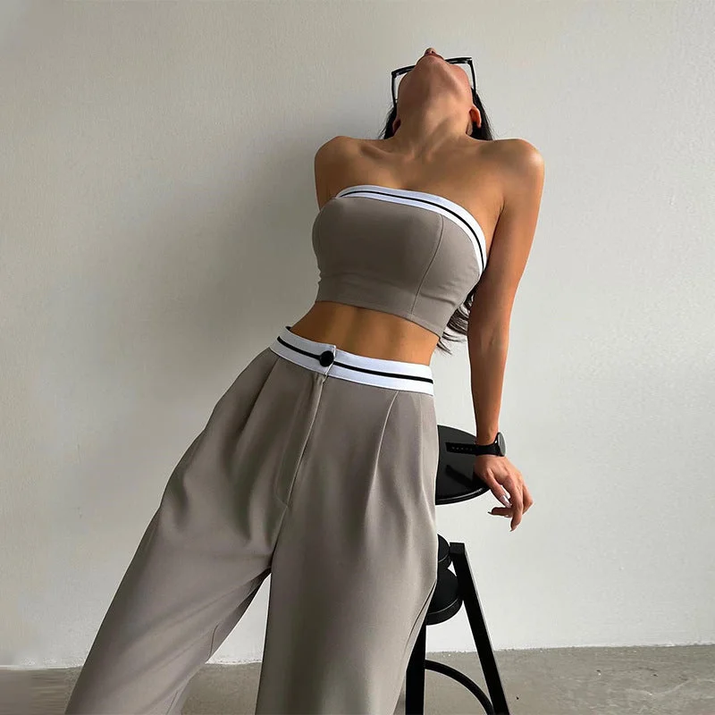 Sports vest top top color contrast high waist wide leg pants casual suit 4colors Modern Skinny Pants