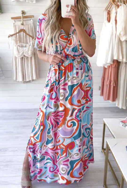 Multi Color Abstract Full Length Dress Boatneck Modish Everyday