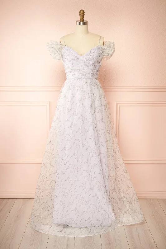 Ahbee Lavender | Off-Shoulder Floral Maxi Organza Dress Tunics Long Elegant