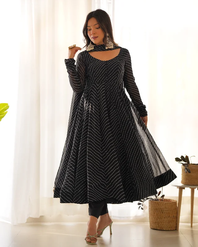 Lorenvalley Fashion Women Pure Soft Faux Georgette Laheriya Print Fully Flair Anarkali Kurta Pant With Dupatta Set - Black Soft Stretch Pants