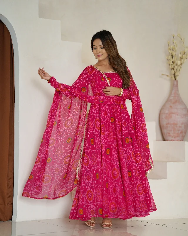 Lorenvalley Women Soft Lightweight Chiffon Bandhej Print Fabric Anarkali Kurta Pant With Dupatta Set Casual Drawstring Pants Lorenvalley Women Soft Lightweight Chiffon Bandhej Print Fabric Anarkali Kurta Pant With Dupatta Set Casual Drawstring Pants