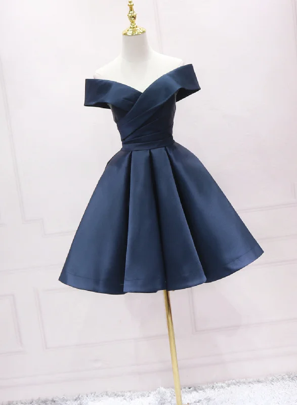 Navy Blue Satin Off Shoulder Bridesmaid Dress Party Dress, Short Prom Dress Tunics Modern contemporary Navy Blue Satin Off Shoulder Bridesmaid Dress Party Dress, Short Prom Dress Tunics Modern contemporary