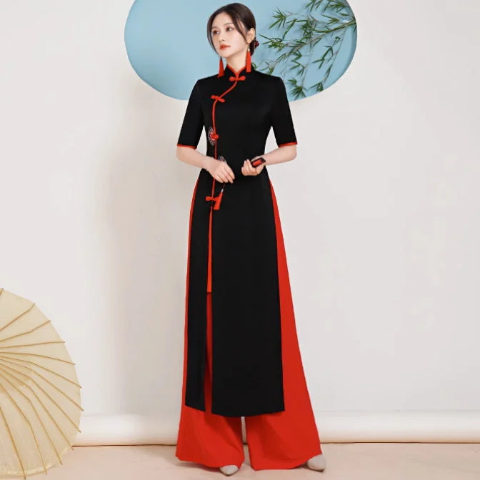 Floral Embroidery Cheongsam Top Vietnamese Ao Dai Dress includes Loose Pants Elegant Wool Trousers