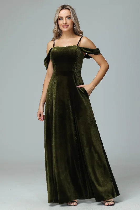 Off the Shoulder Velvet Wedding Party Dresses Glittery Long Formal