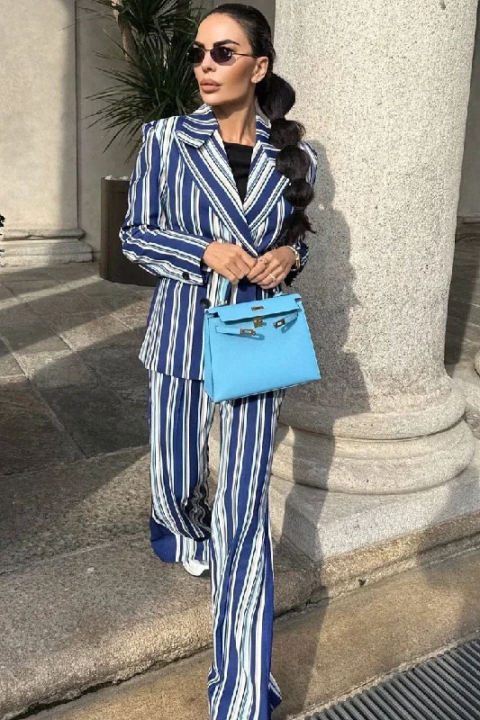 Vertical Stripe Lapel Blazer High Waist Flared Pant Two Piece Blazer Set Trendy Velvet Pants Vertical Stripe Lapel Blazer High Waist Flared Pant Two Piece Blazer Set Trendy Velvet Pants