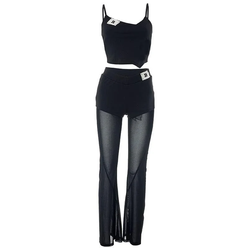 Mesh patchwork letter pattern cami pant set Relaxed Casual Leggings