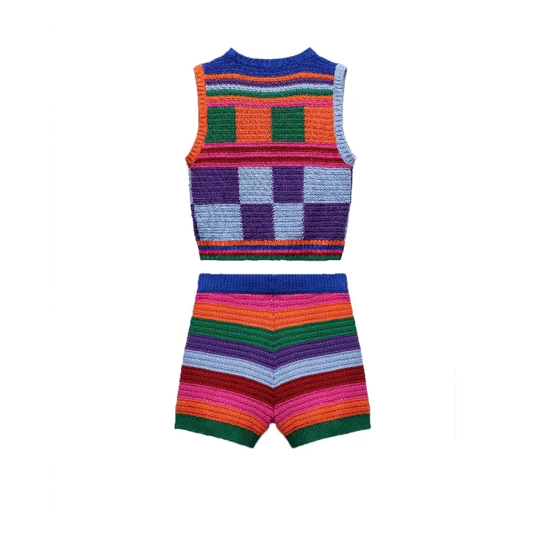 Plaid contrast striped sleeveless knitted short pant set Stylish Elastic Waist Pants