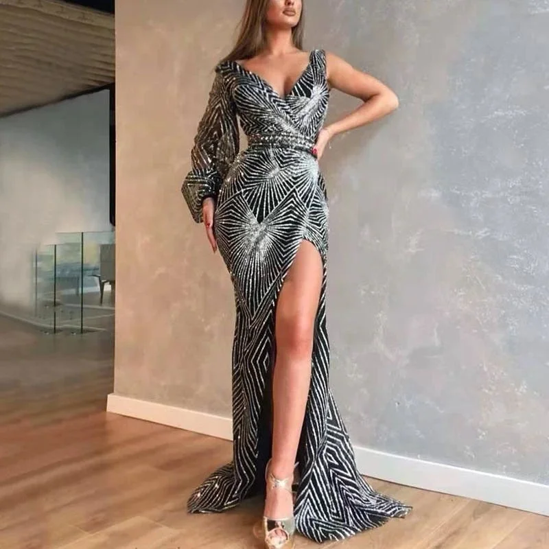 Cinessd - Women Sexy V Neck Sequins Evening Party Dresses Tunics Chinos classic