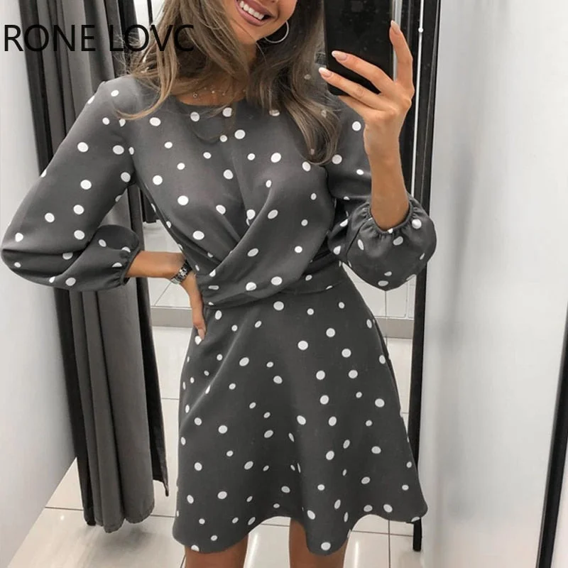 Elegant Long Sleeve Round Neck Dots Mini Party Dress Tunics Floral girly
