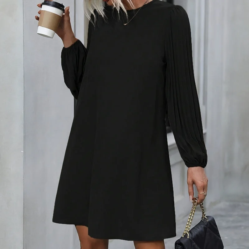 Solid Color Simple Round-neck Long-sleeved Dress Tunics Formal black