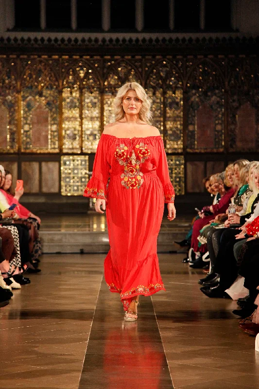 Samira Embroidered Dress Deep Coral empire Waist empire