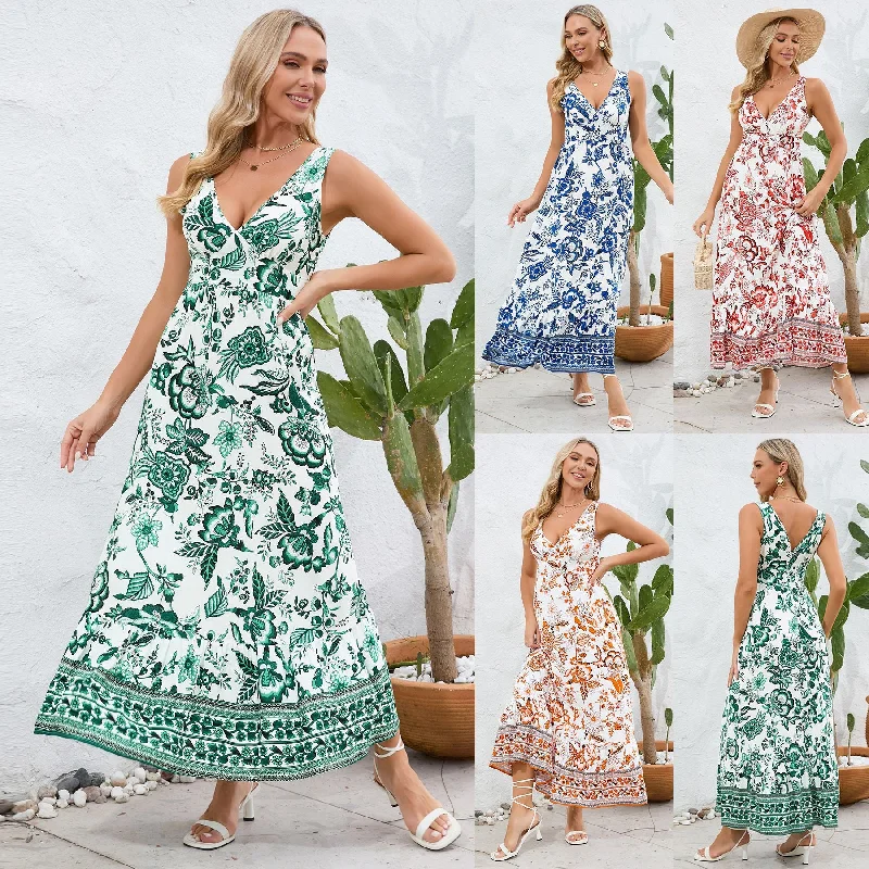 Fashion Floral Print V-neck Dress Summer Sexy Slim Fit Sleeveless Long Dress empire Waist empire Fashion Floral Print V-neck Dress Summer Sexy Slim Fit Sleeveless Long Dress empire Waist empire