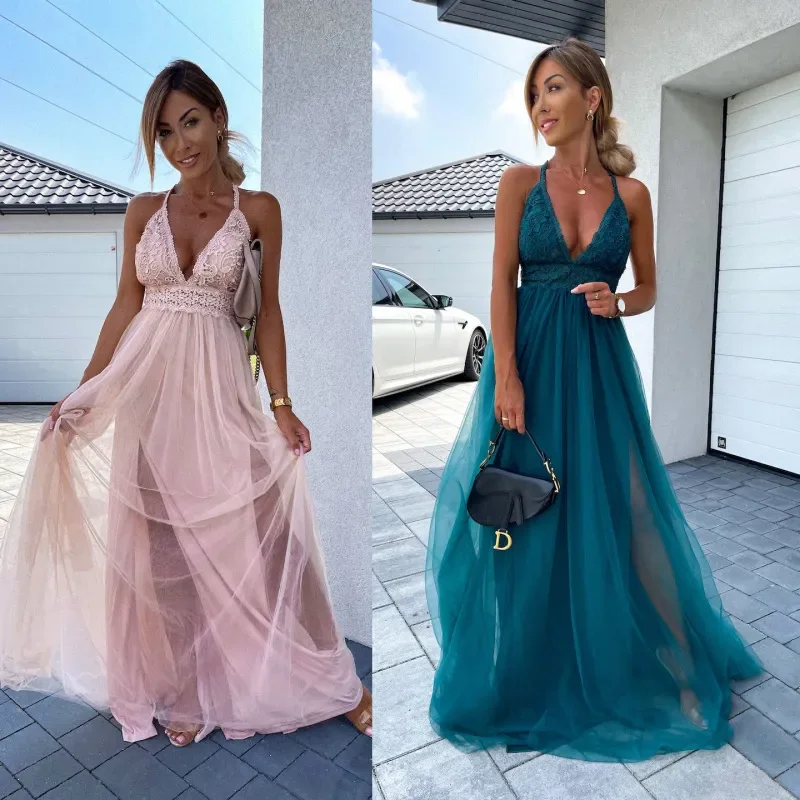 Fashion Sexy Backless Women Elegant Lace Mesh Halter Neck Maxi Party Dress empire Waist empire Fashion Sexy Backless Women Elegant Lace Mesh Halter Neck Maxi Party Dress empire Waist empire