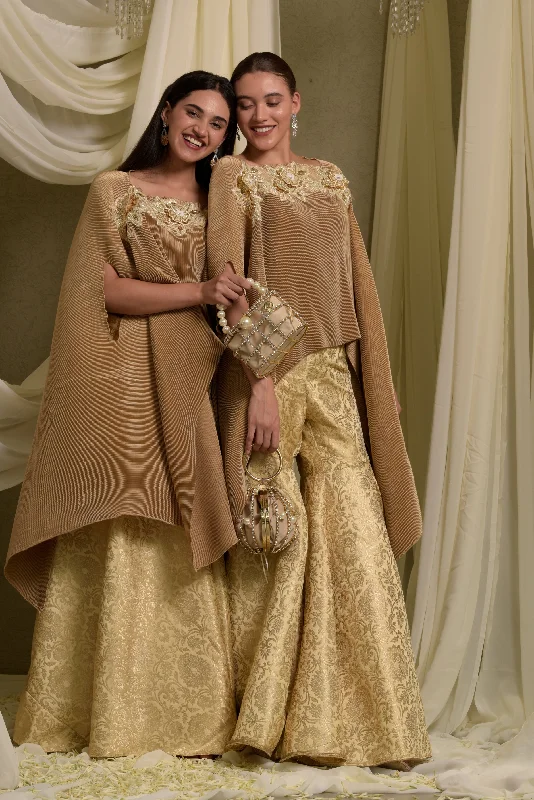 Divine Embroidered Cape With Brocade Sharara Pants - Gold Chic Checkered Pants