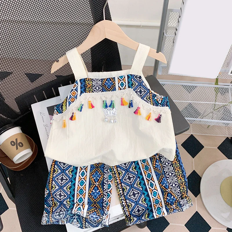 Patterned Tassel Suspender Wide-leg Pants Suit Formal Wide-Leg Pants