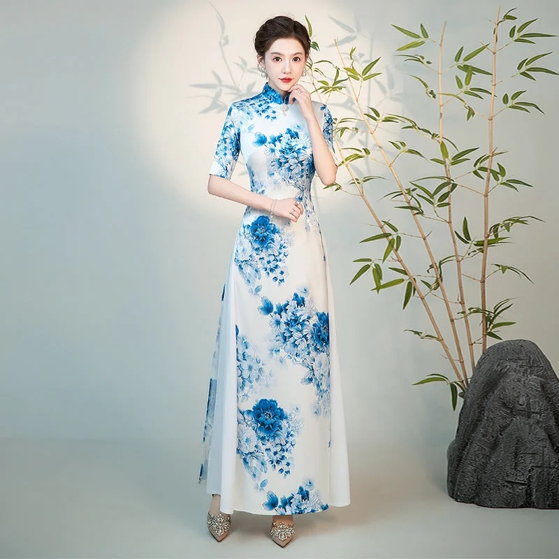 Half Sleeves Cheongsam Top Vietnamese Ao Dai Dress Floral Dress includes Loose Pants Formal Wide-Leg Pants