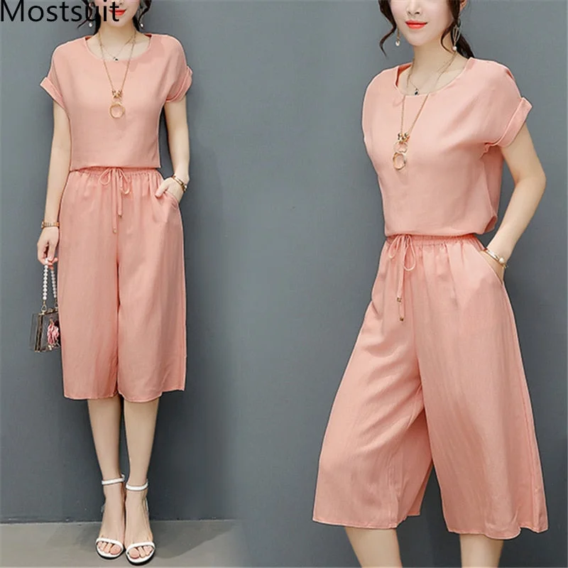 Summer Two Piece Sets  Short Sleeve Tops And Cropped Wide Leg Pants Chic Capri Pants