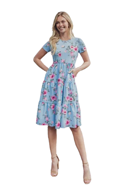 Floral Short Sleeve A Line Tiered Dress Blue Pink - Pack of 6 Tunics Versatile stylish