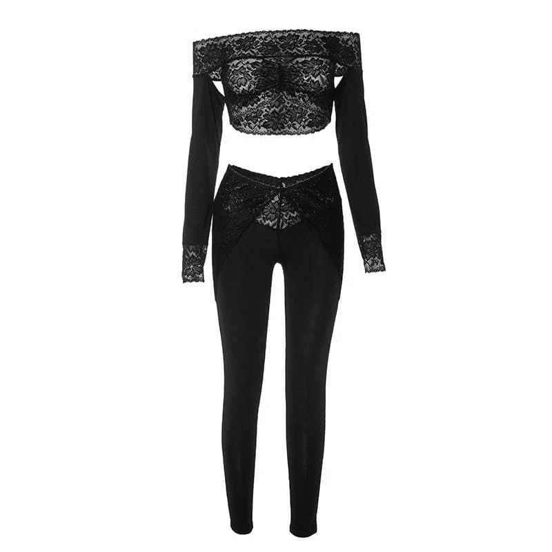 Long sleeve off shoulder see through lace pant set Chic Wool Trousers