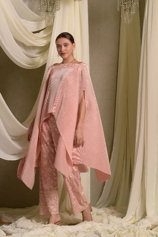 Reyna Gara Glazed Pleated Cape Coordinated with Slit Pants- Pastel Pink Comfortable Jogger Trousers Reyna Gara Glazed Pleated Cape Coordinated with Slit Pants- Pastel Pink Comfortable Jogger Trousers