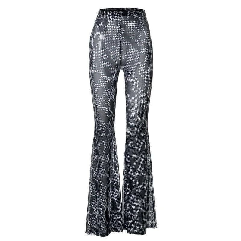 Mesh see through flared print pant Chic Faux Leather Pants