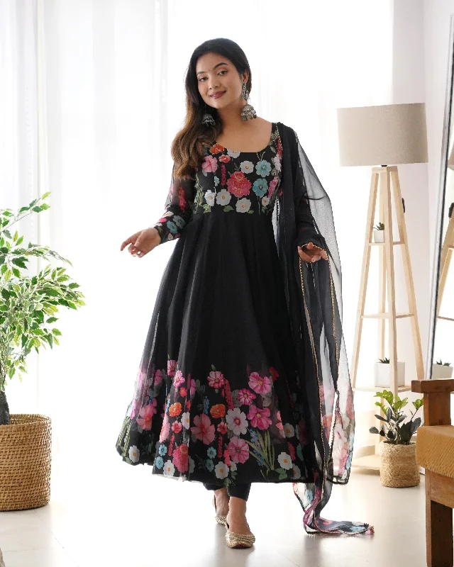 Lorenvalley Fashion Black Soft Organza Silk With Floral Print Fully Flared Anarkali Pant With Dupatta Set - Black Relaxed High-Waist Trousers