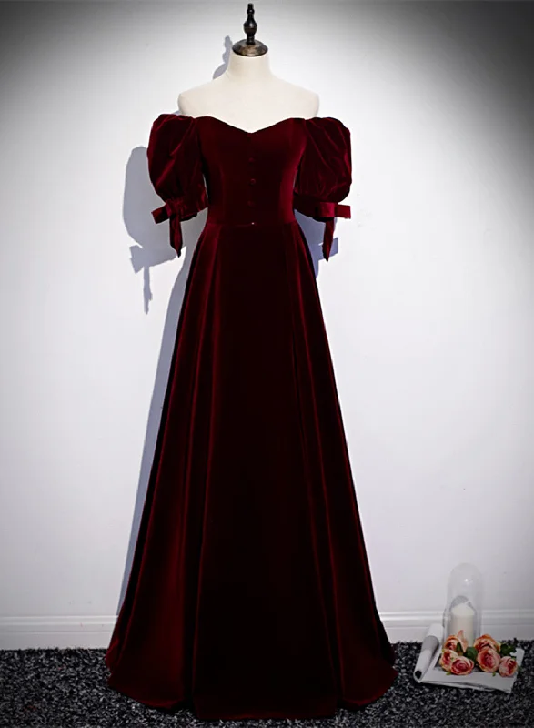 Wine Red Velvet Floor Length Short Sleeves Party Dress, A-line Wine Red Bridesmaid Dress Tunics Vintage classic Wine Red Velvet Floor Length Short Sleeves Party Dress, A-line Wine Red Bridesmaid Dress Tunics Vintage classic