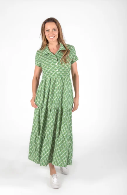 Green Pattern Short Sleeve Tiered Long Dress Tunics Luxurious high-end