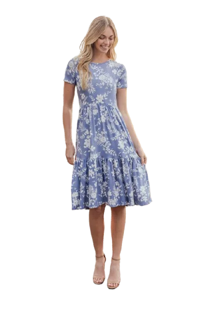 Short Sleeve Floral Knee Length Tiered Dress Periwinkle - Pack of 6 Tunics Trousers formal
