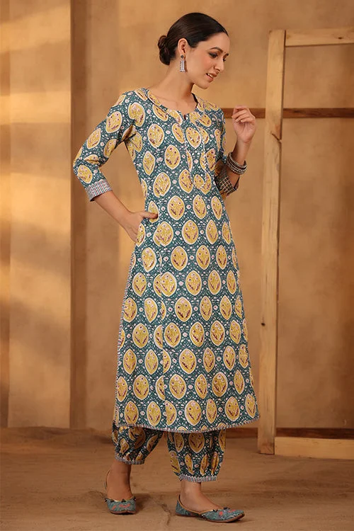 Shuddhi Pine Green And Lemin Yellow Kurta Pant Set Classic Flared Pants