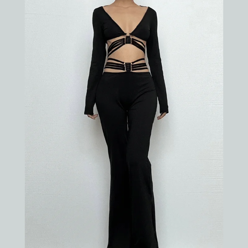 Long sleeve o ring button wide leg low rise pant set Elegant Dress Pants