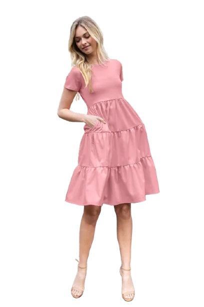 Short Sleeve Solid Tiered Dress Rose Dusty - Pack of 6 Tunics Winter warm