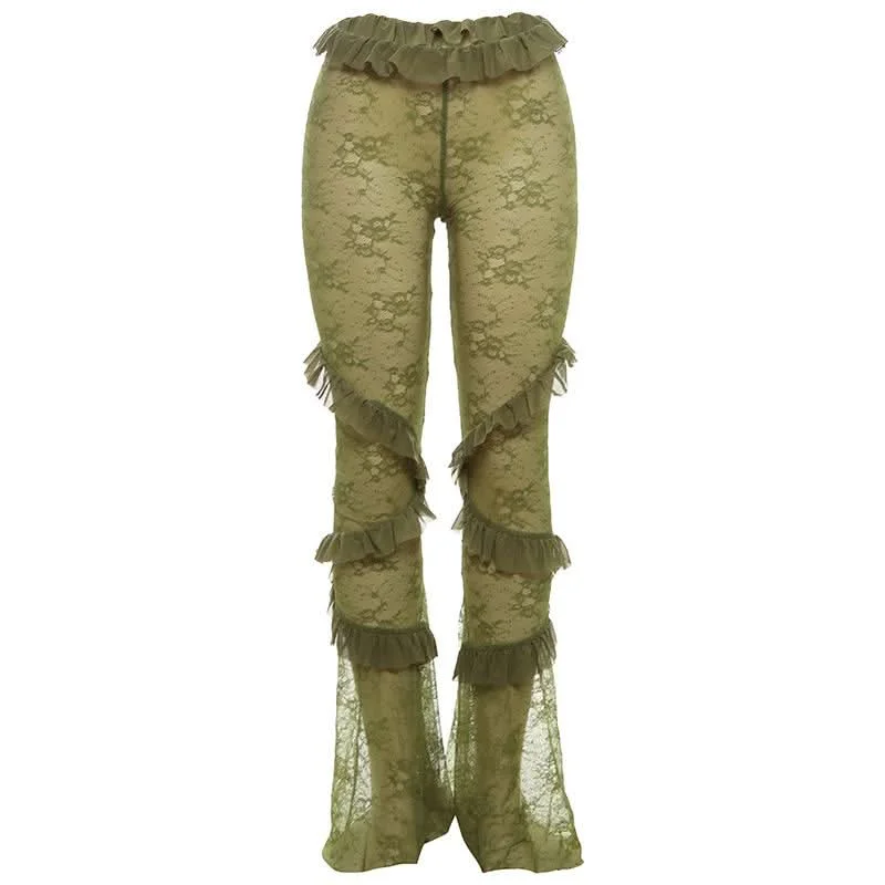 Lace see through ruffle patchwork pant Trendy Work Pants