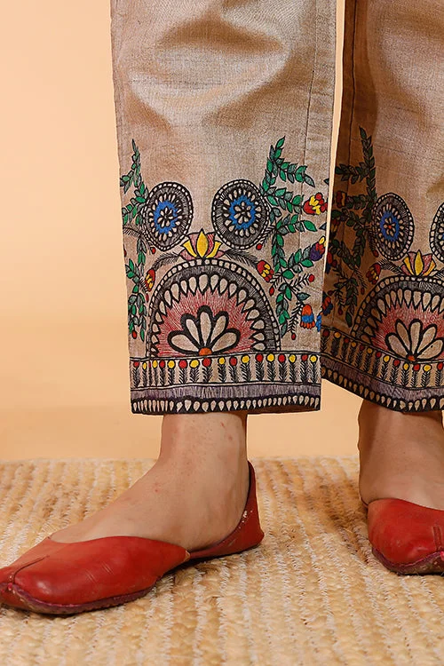 Gubbaro Handpainted Madhubani 'Mithila Flowers' Tussar Silk Pant Comfortable Cargo Pants