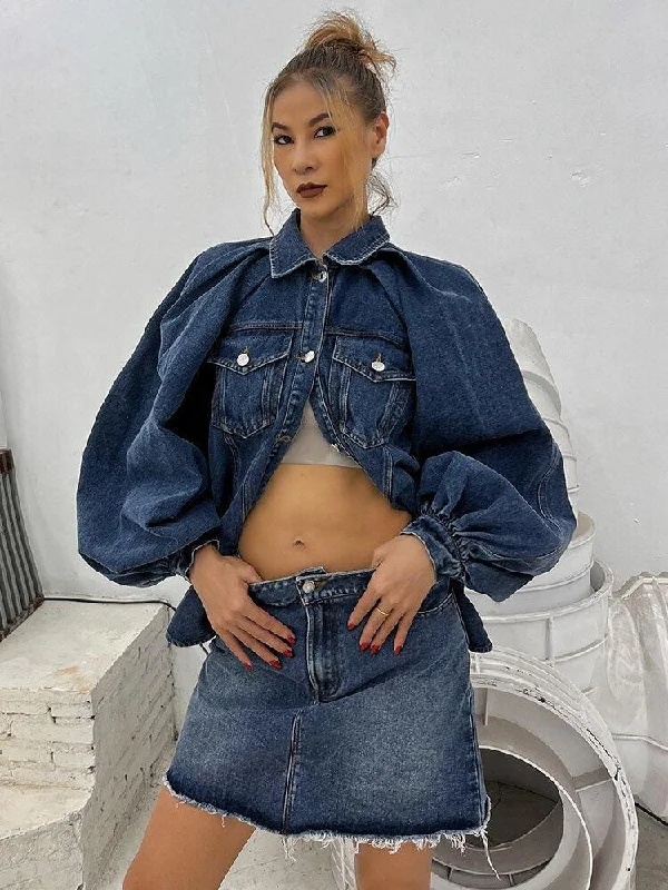 Denim Jacket & Skirt Two Piece Set Mesh Jacket Canvas Jacket Denim Jacket