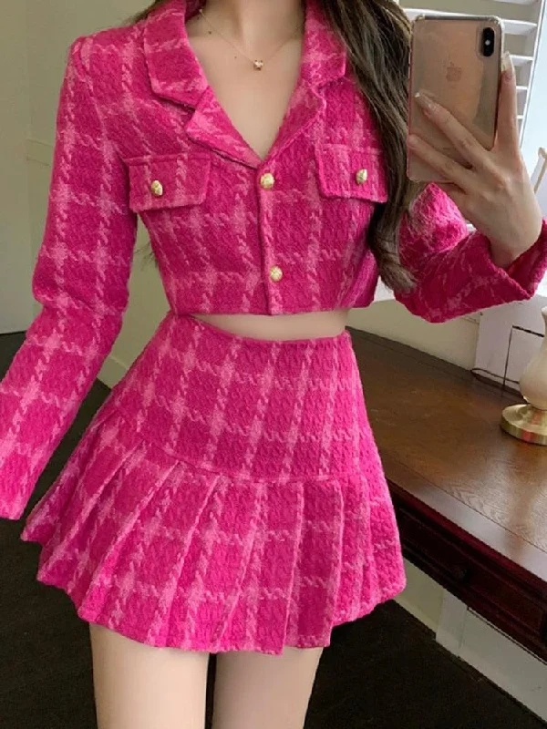 Barbie Crop Jacket & Mini Skirt Two Piece Set Boat Neck Shawl Collar Notched Collar