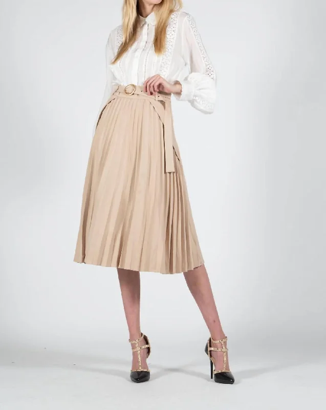 Front Pleat Skirt in Beige silk skirt smooth