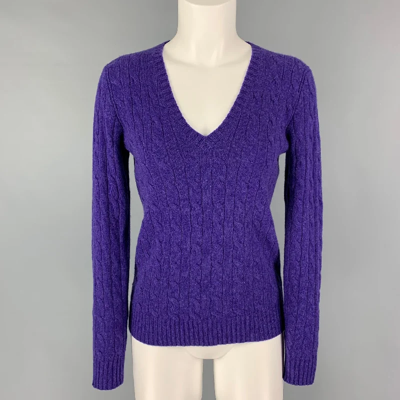 POLO by RALPH LAUREN Size M Purple Cashmere Cable Knit V-Neck Sweater Beaded Sweater Sequined Faux Fur POLO by RALPH LAUREN Size M Purple Cashmere Cable Knit V-Neck Sweater Beaded Sweater Sequined Faux Fur