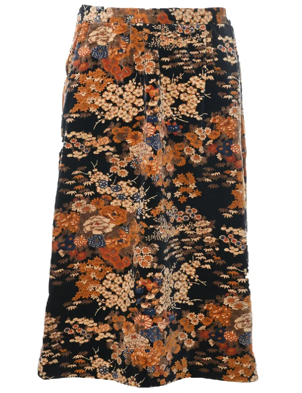 Floral Pattern Midi Skirt - M silk skirt lustrous