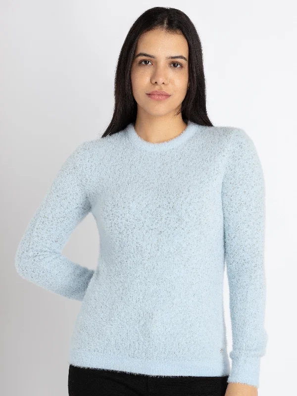 Womens Solid Round Neck Sweater Mesh Blend Leather Blend Suede Blend