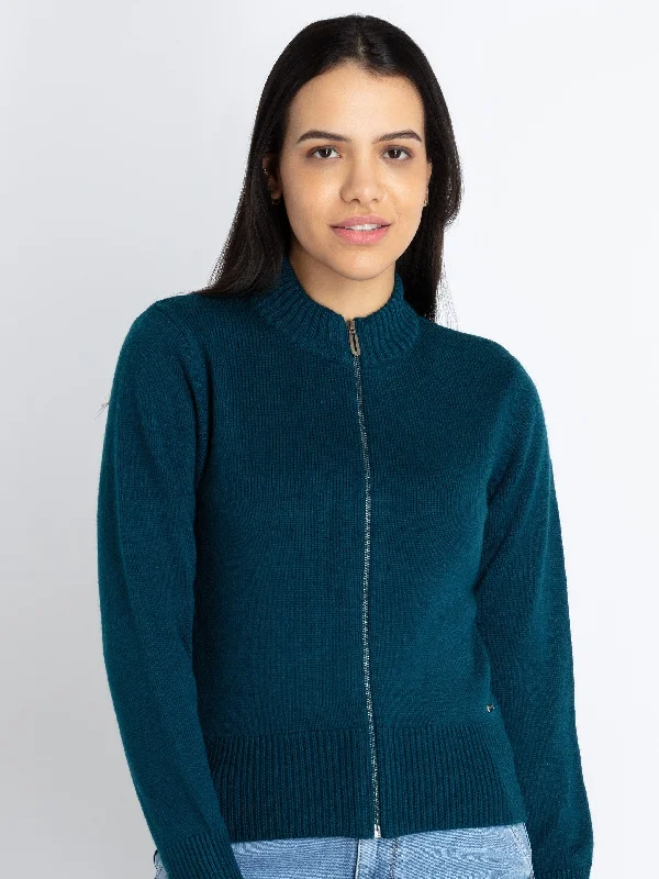 Womens Solid Turtle Neck Zipper Sweater Print Jacquard Patchwork
