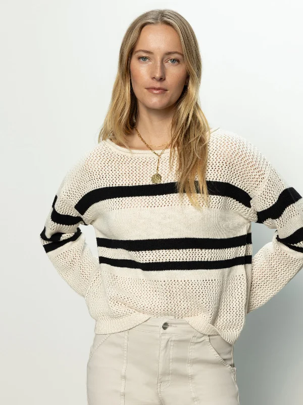 Sporty Stripe Open Knit Sweater Eco Natural / Black Stripe Striped Floral Plaid