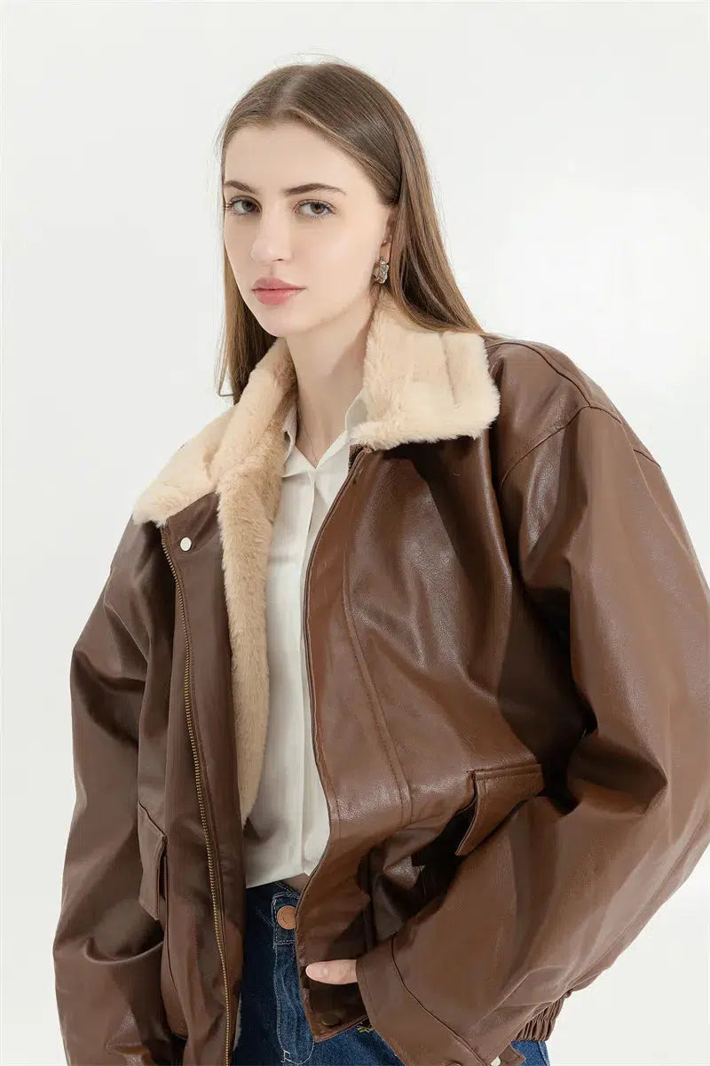 Double-Faced Faux Leather & Fur Jacket Insulated Jacket Fitted Jacket Loose Jacket