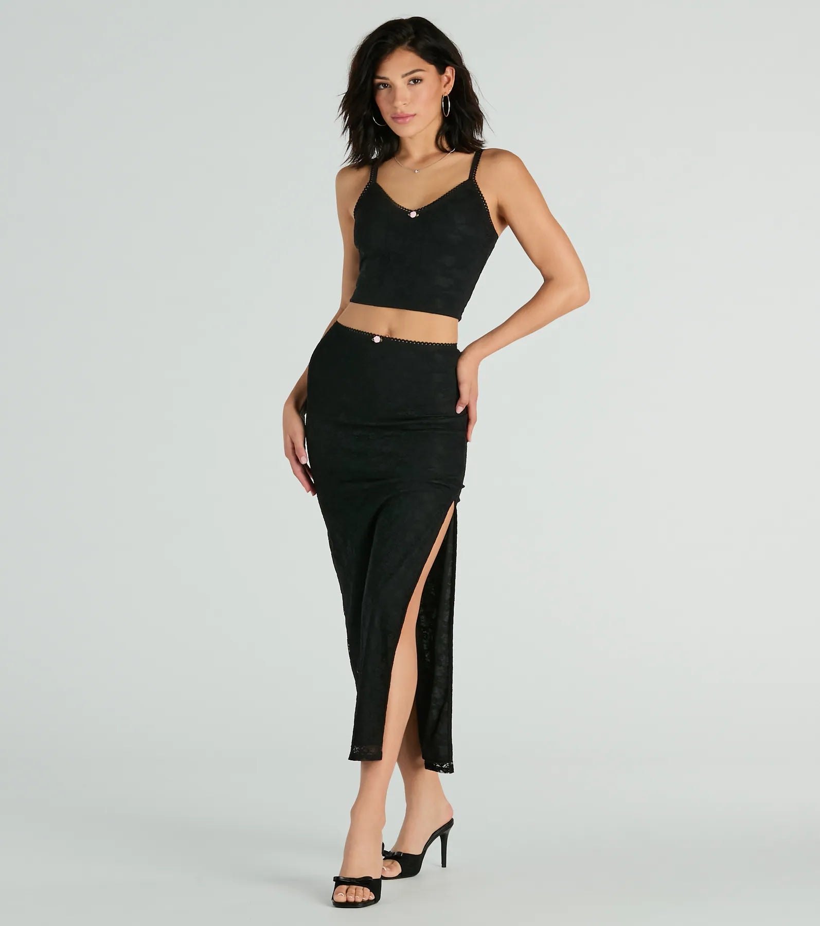 Alluring Dream High-Rise Lace Rosette Maxi Skirt satin skirt smooth