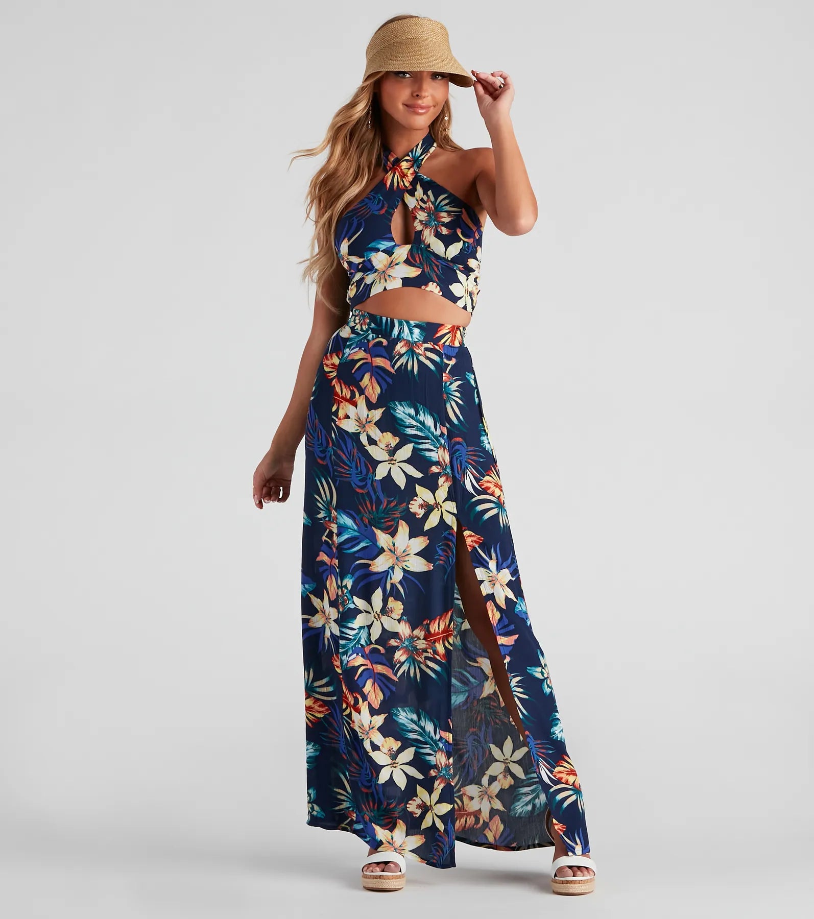 Cancun Vacay Tropical Slit Maxi Skirt pleated skirt texture