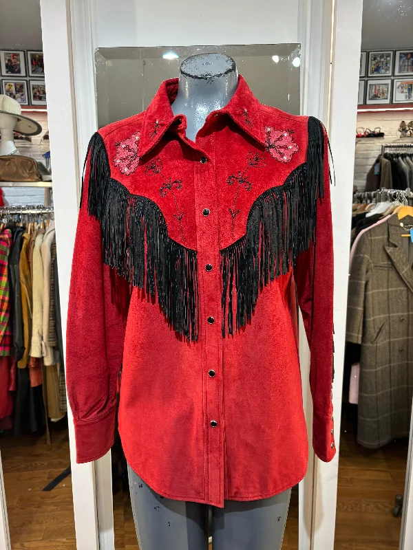 80’s Red & Black Suede Fringe Western Shirt Jacket By Cripple Creek Rayon Fabric Velvet Fabric Corduroy Fabric 80’s Red & Black Suede Fringe Western Shirt Jacket By Cripple Creek Rayon Fabric Velvet Fabric Corduroy Fabric