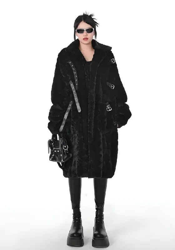 Gothic Faux Fur Fluffy Long Jacket Zip Front Button Front Snap Front