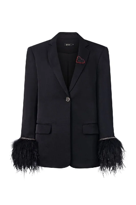 BLACK KELLY TAFFETA FEATHER SUIT JACKET Hoodie Zip-Up Jacket Button-Up Jacket