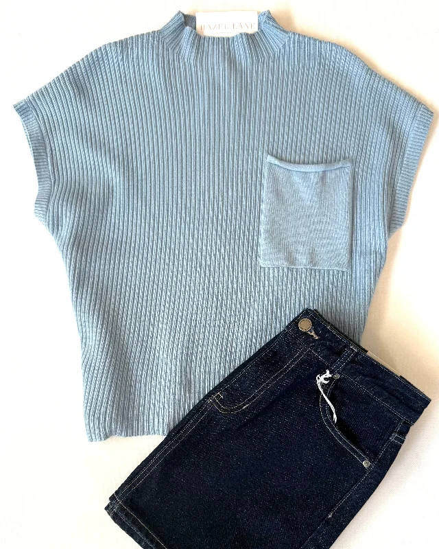 Milo Pocket Ribbed Knit Sweater- Blue Solid Print Embellished